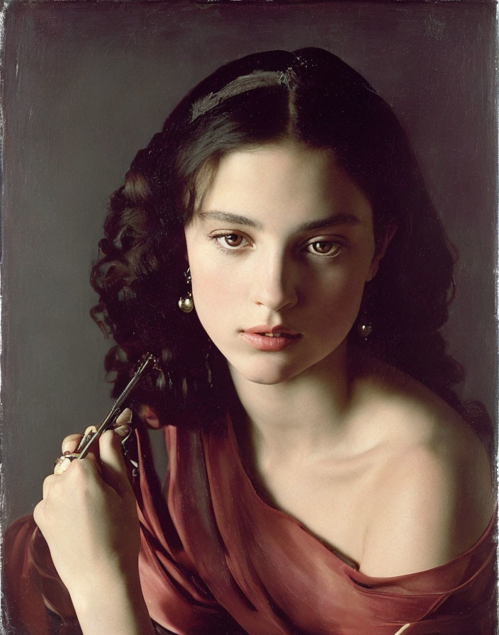 Woman with Dark Curls in Red Dress Holding Glasses