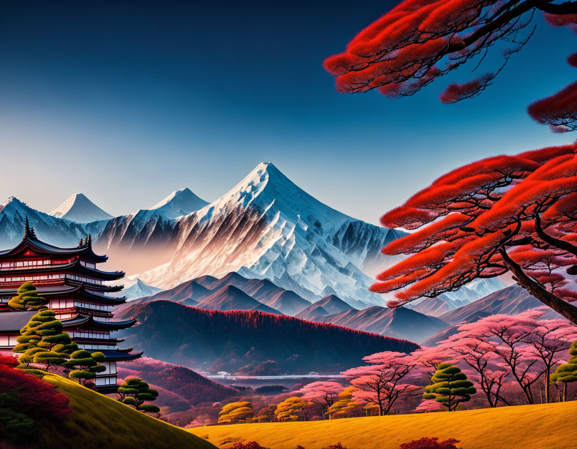 Traditional pagoda in vibrant landscape with red trees, green hills, and snow-capped mountains