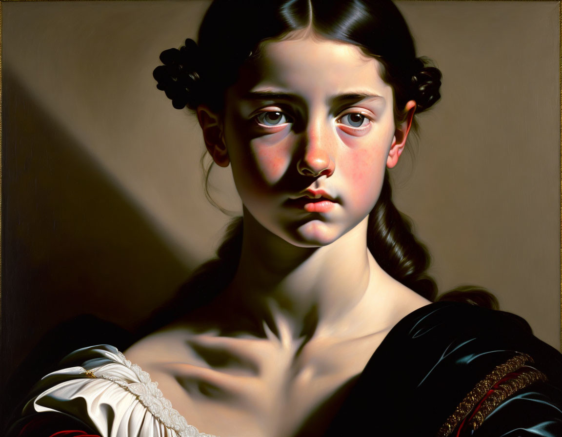 Classical painting of young girl with solemn expression and striking light contrast