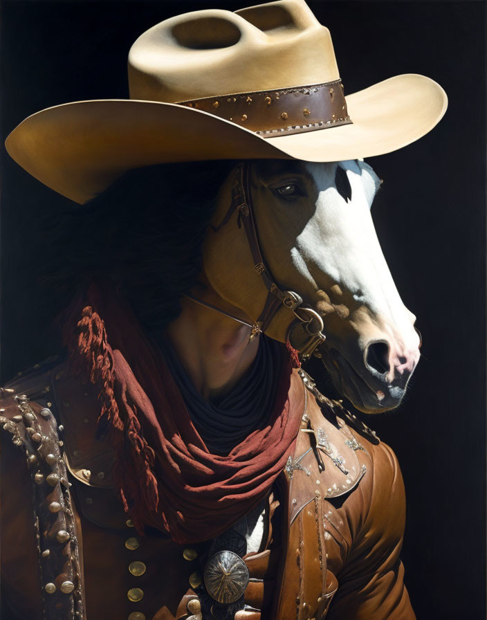 Surreal painting: horse with cowboy body, studded hat, red scarf, brown leather jacket