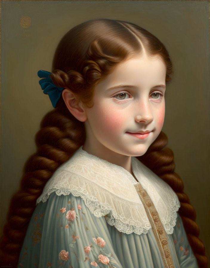 Young girl portrait with long brunette braids and blue dress.