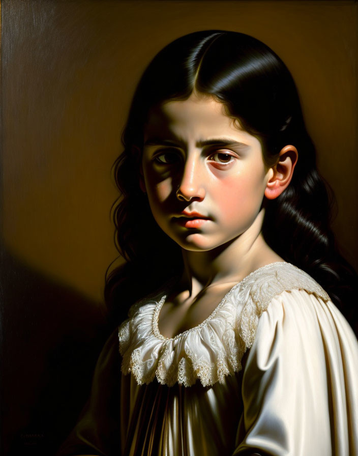 Portrait of young girl in cream dress with sad expression and dark hair on dark background