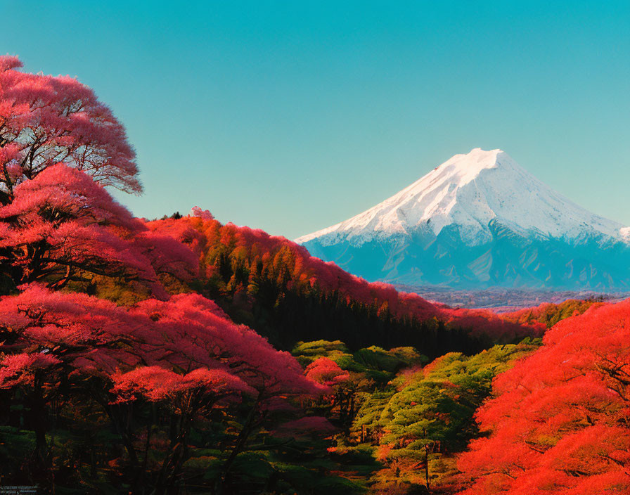 Scenic view of Mount Fuji with red and green foliage under clear blue sky