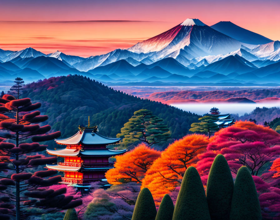 Colorful Sunrise Over Layered Mountain Range with Pagoda and Autumn Foliage