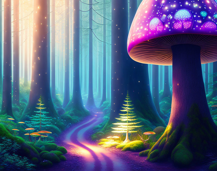 Enchanted forest path with glowing mushroom under twilight sky