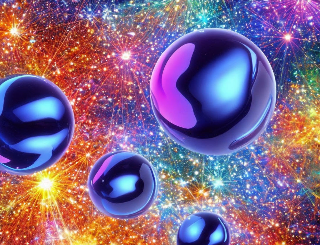 Colorful cosmic digital artwork with shiny spheres in vibrant background.