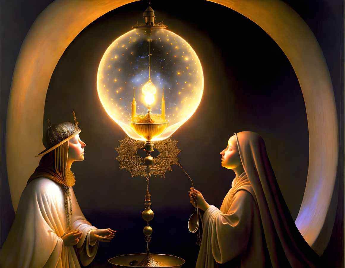 Mystical artwork: Two robed figures with pendulum and glowing orb in large ring