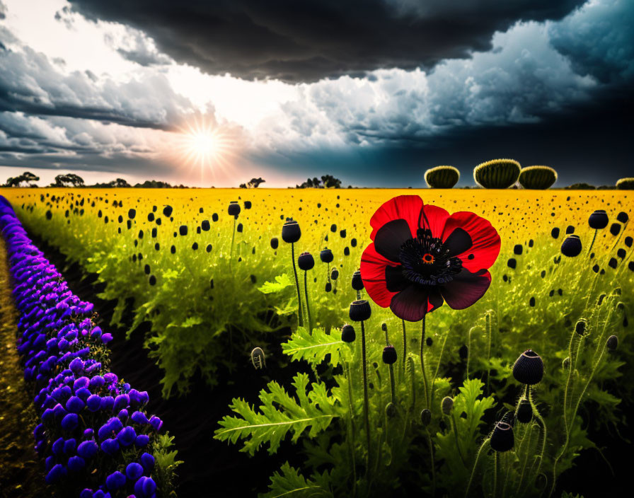 Colorful landscape with red poppy and purple flowers under dramatic sunset sky