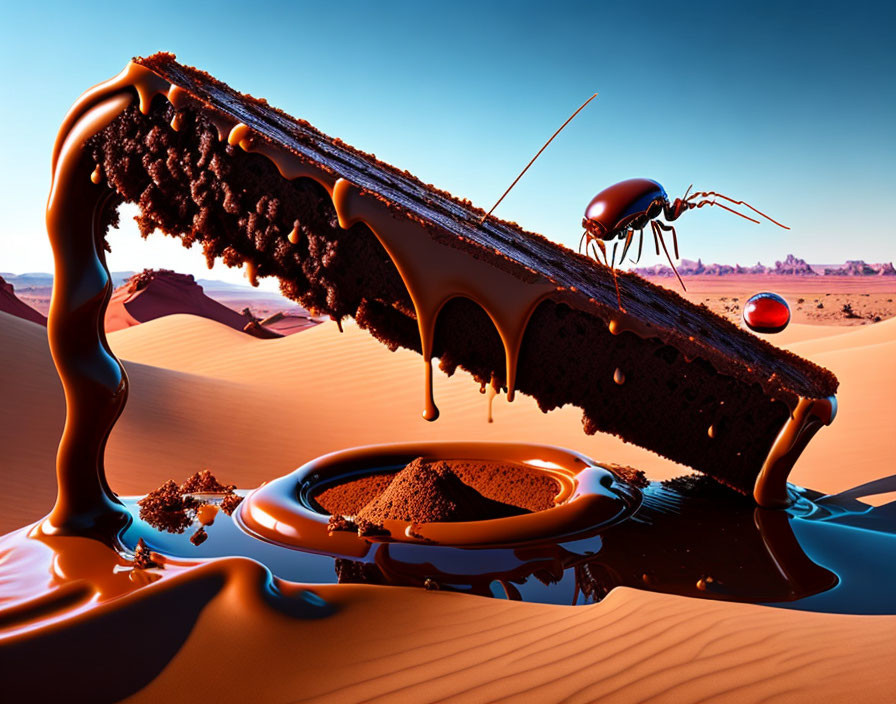 Surreal chocolate bar melting in desert with ant walking