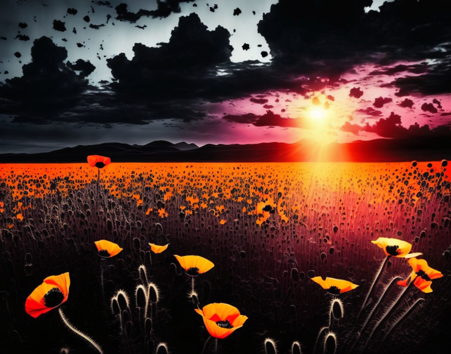 Intense Orange and Red Sunset Over Poppy Field