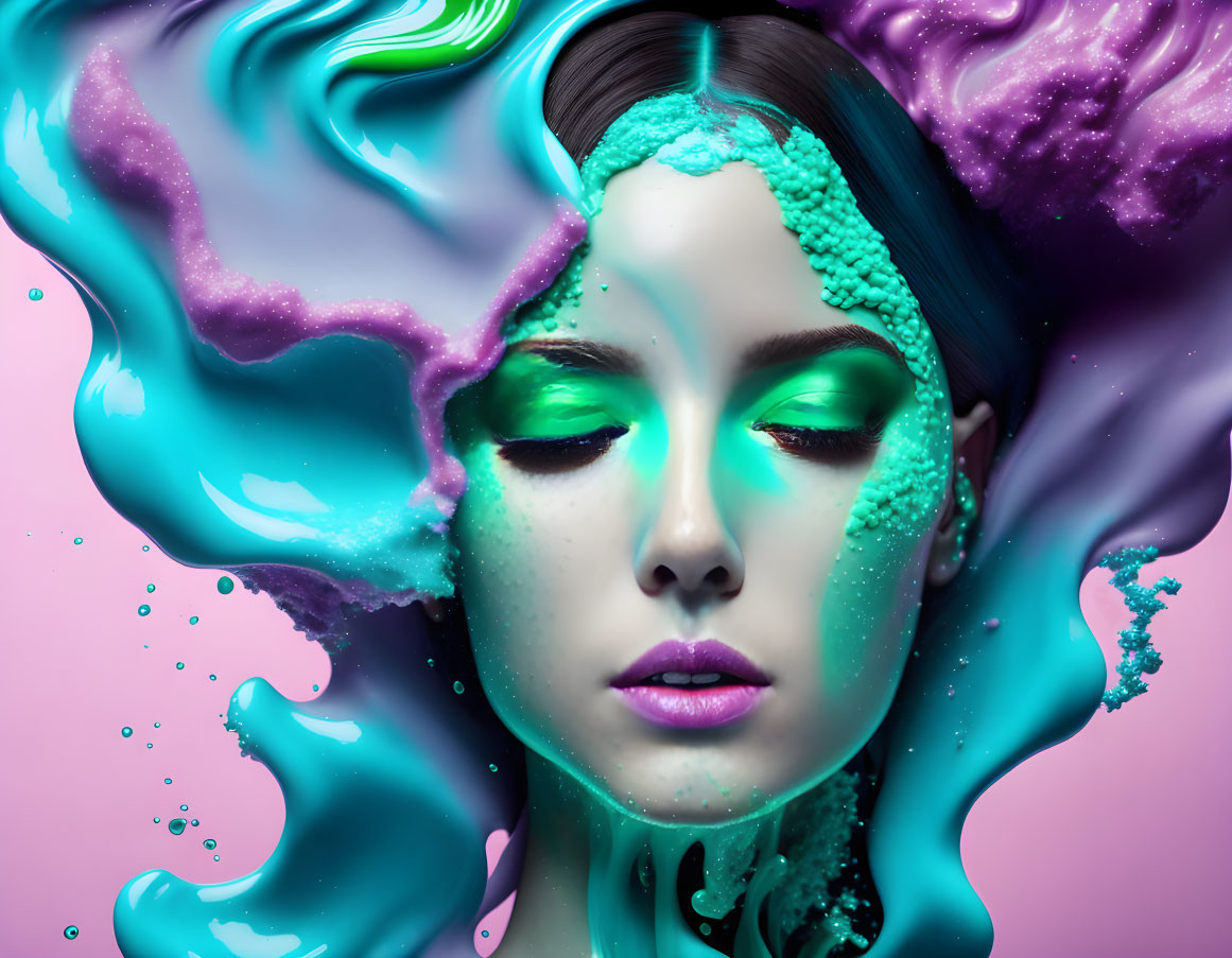 Woman with Vibrant Green and Purple Makeup Submerged in Swirling Liquid