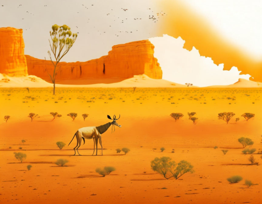 Desert landscape at sunset with oryx, sparse vegetation, and rocky outcrop