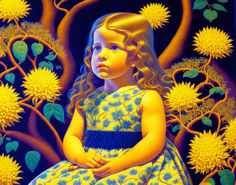 Stylized digital artwork of young girl with golden hair in blue dress surrounded by yellow flora