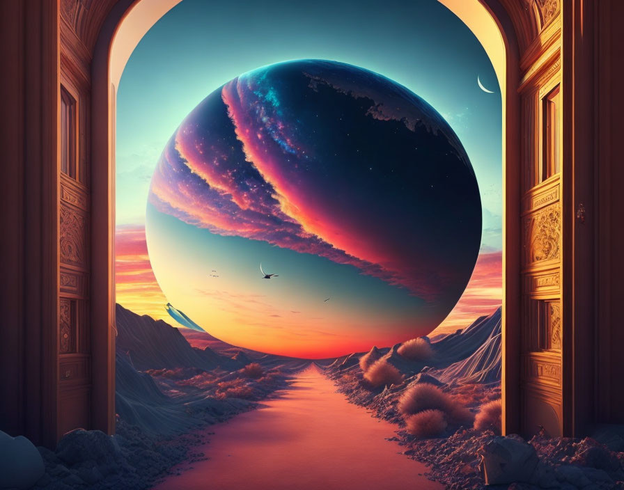 Surreal landscape with giant planet over desert and ornate archway