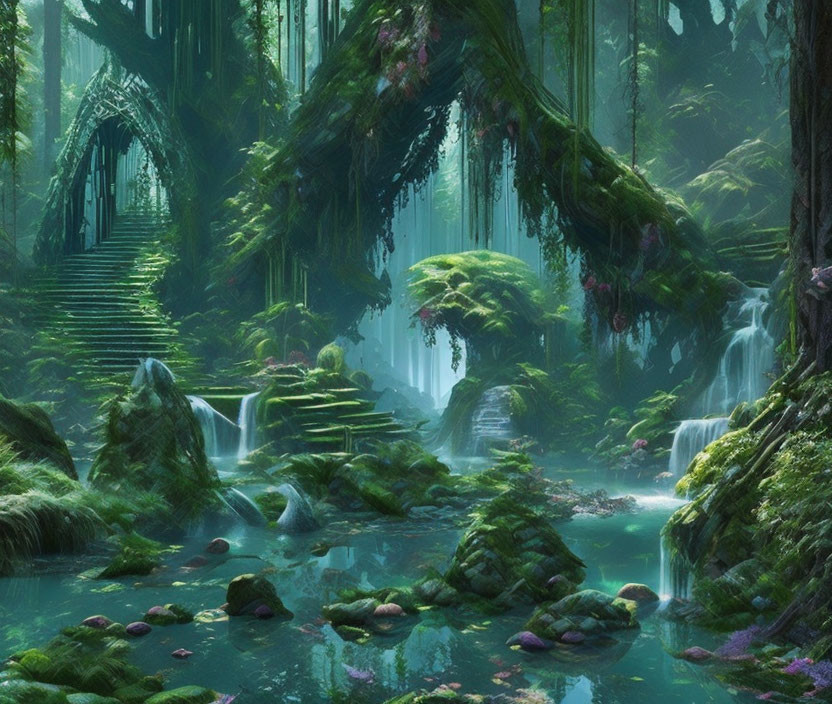 Lush Greenery, Waterfalls, Moss-Covered Stones in Enchanted Forest