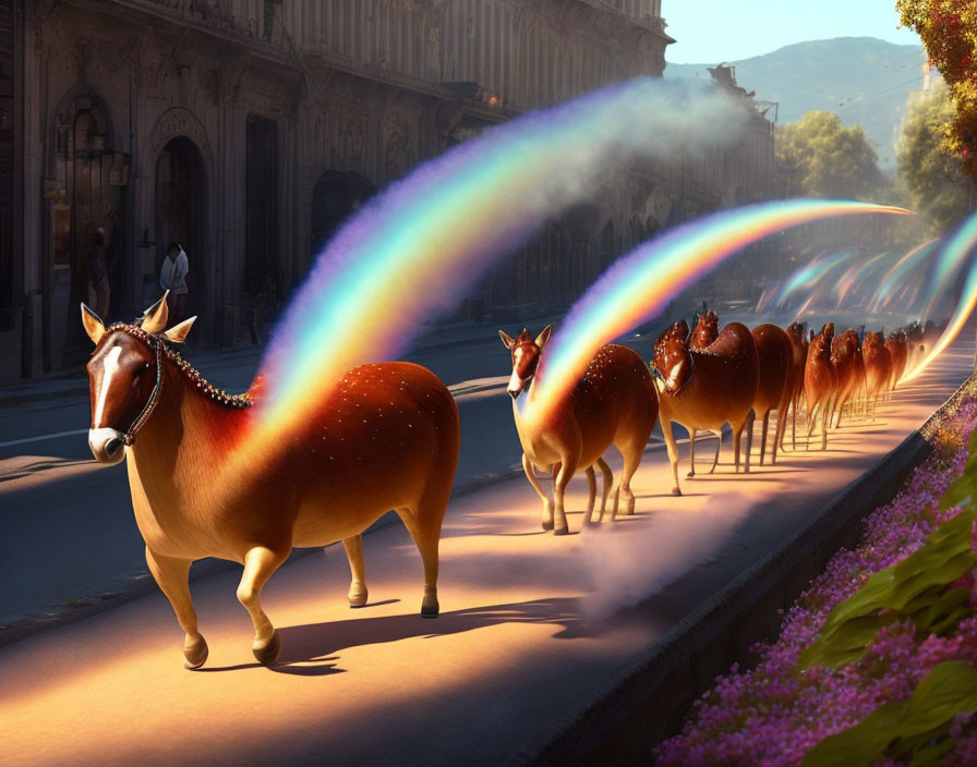 Colorful animated horses with rainbow beams in sunny city parade