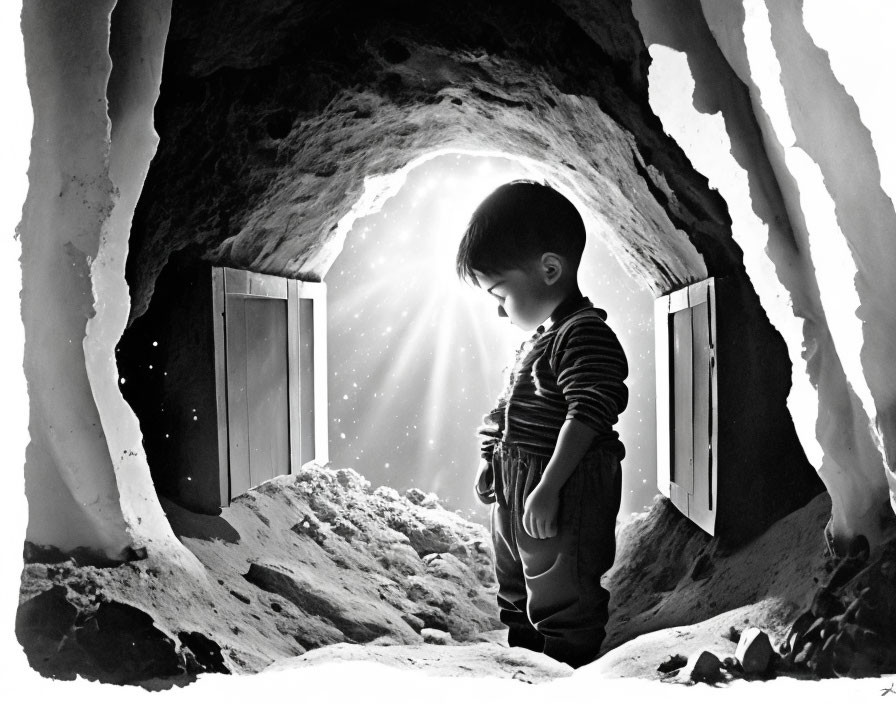 Child silhouetted by radiant light at snowy cave entrance