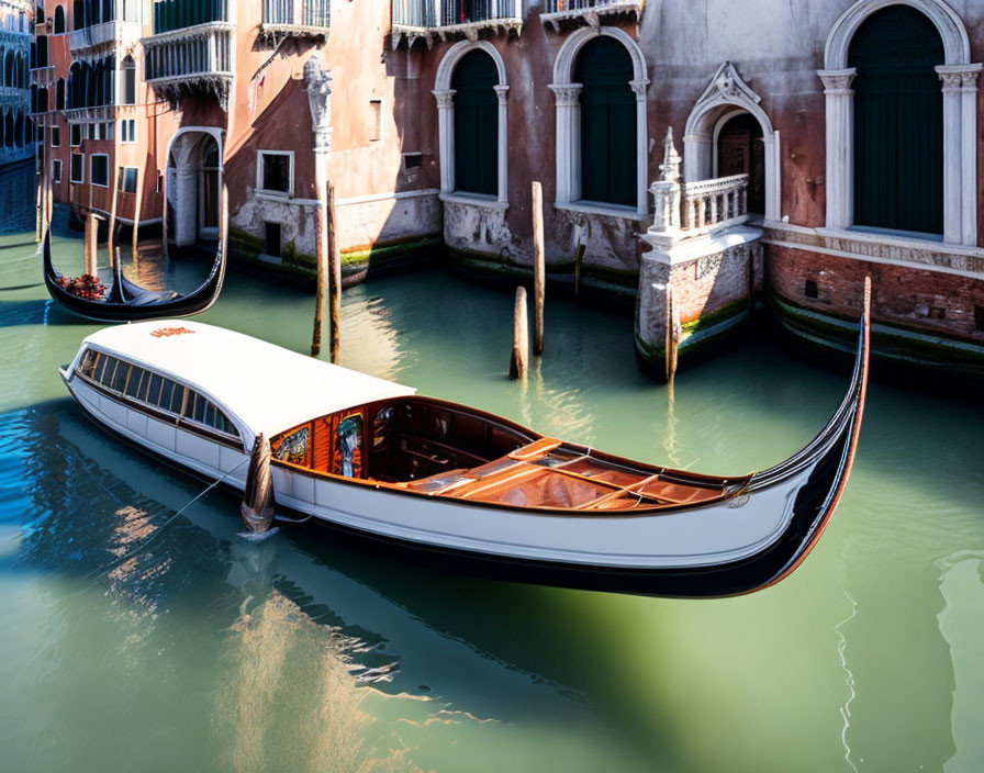 Venetian gondola on calm canal with elegant buildings.