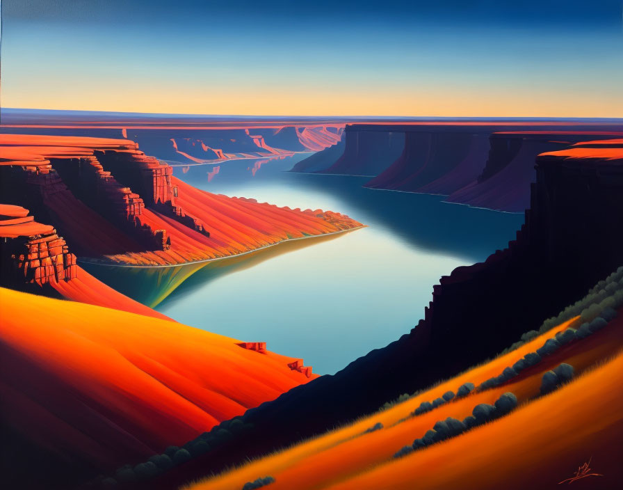 Scenic canyon painting with river and rock formations