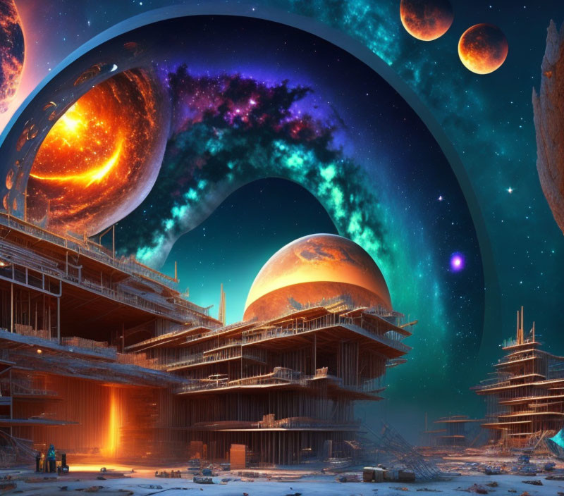 Futuristic cityscape with cosmic sky and advanced architecture