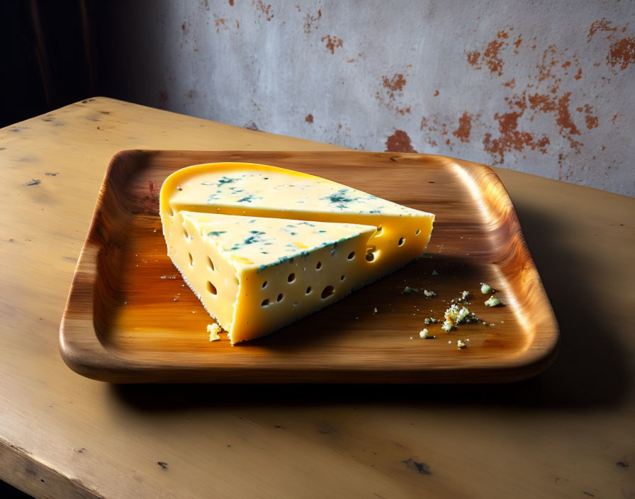 Yellow cheese with blue veins on wooden platter on rustic table