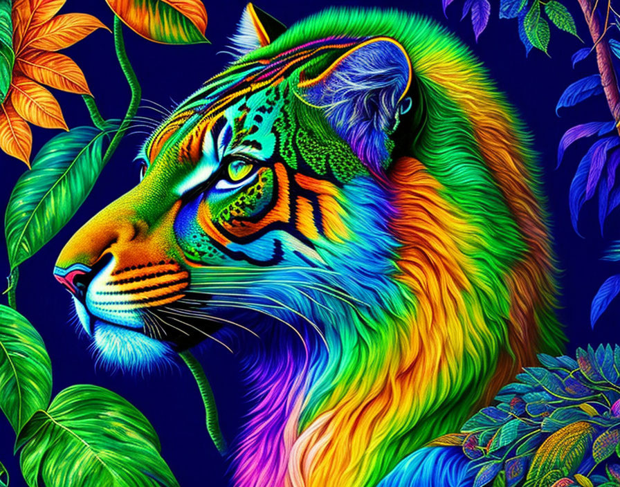 Colorful Tiger Artwork with Rainbow Hues on Dark Blue Background