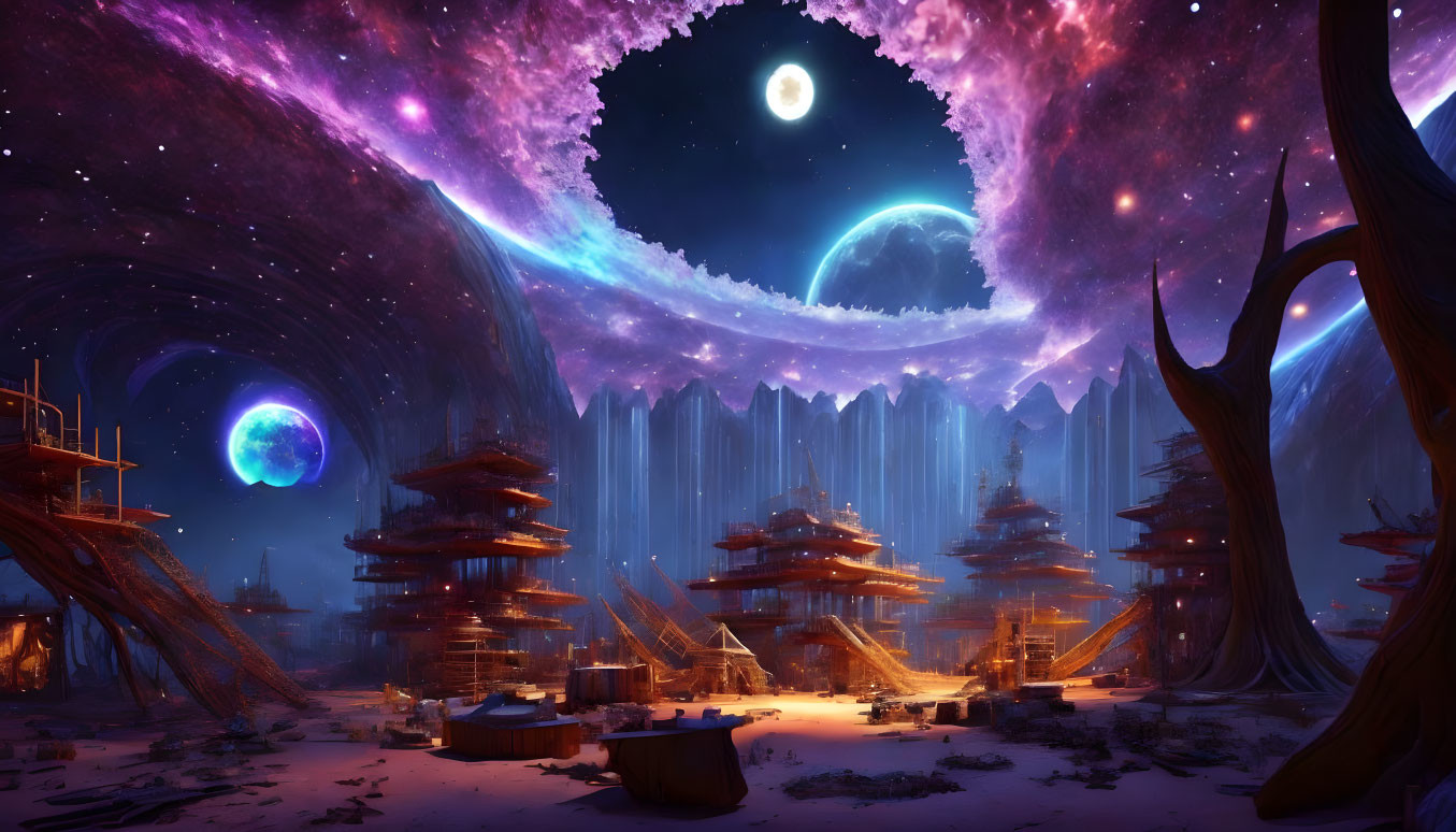 Fantastical cosmic landscape with glowing moon and celestial portal