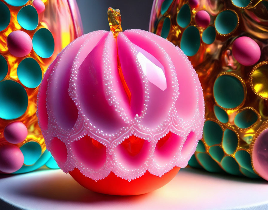 Vibrant pink Christmas bauble with white details among colorful ornaments