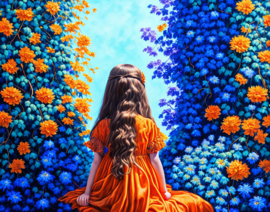 Girl in Orange Dress Sitting Against Flower Wall Under Blue Sky