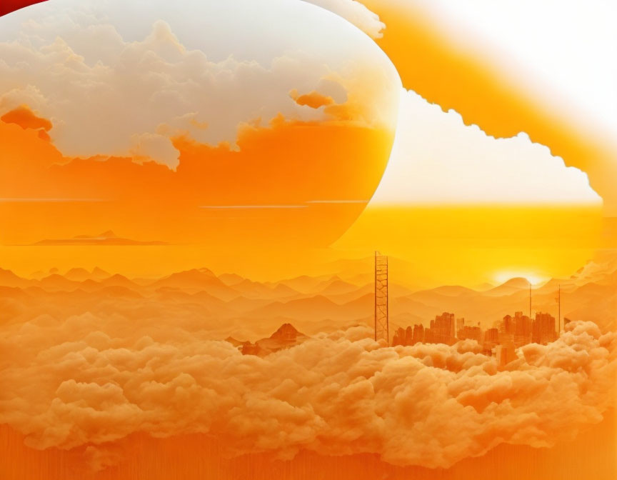 Surreal orange-toned sunset over misty mountains and cityscape