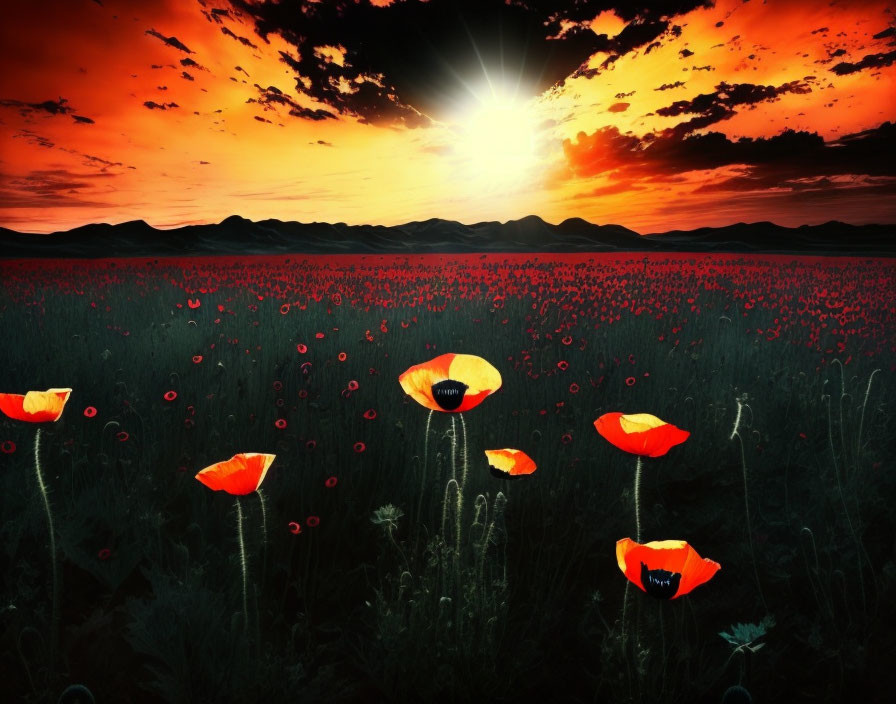 Vivid sunset over red poppy field and distant mountains