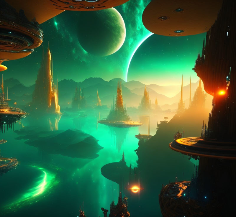 Futuristic alien city with towering spires and moons in green sky