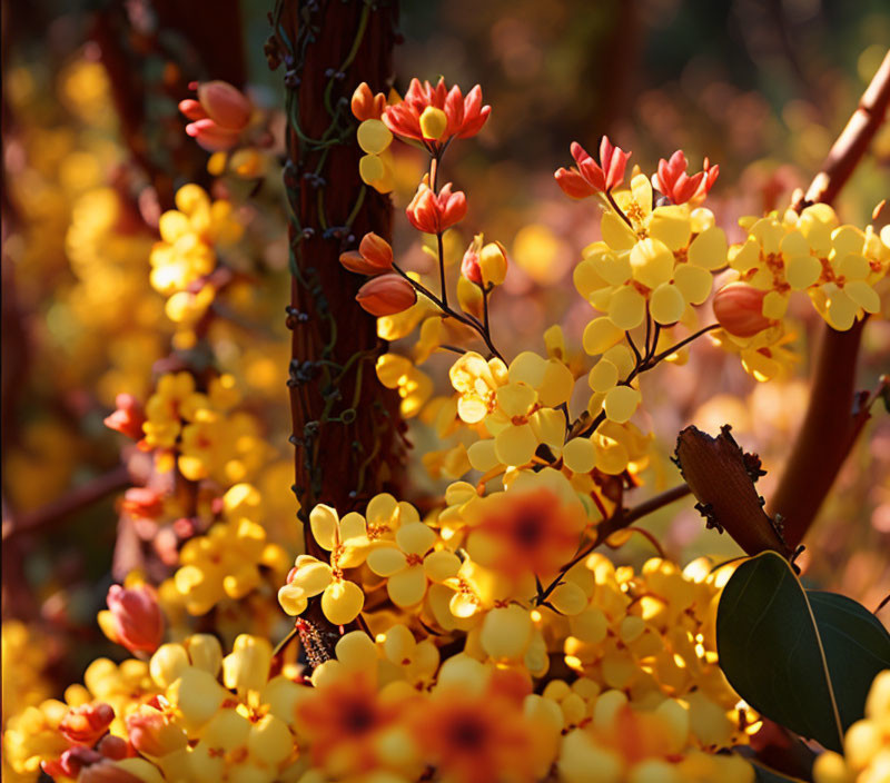 Vibrant orange and yellow blossoms in sunlight with blurred background