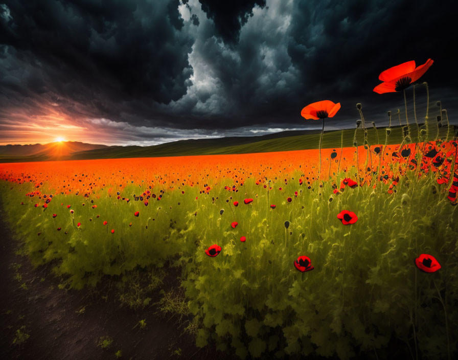 Dramatic red poppy field under cloudy sunset sky