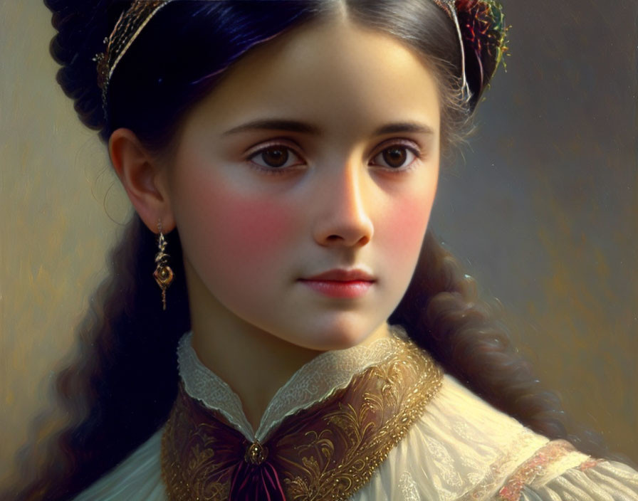 Young girl portrait with braided hair, headpiece, and lace collar dress.