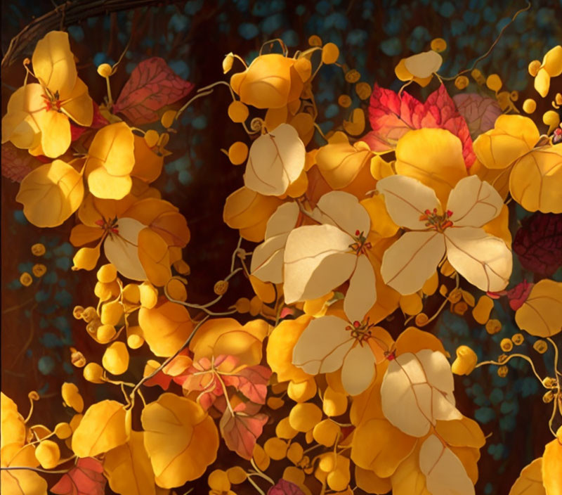 Detailed Close-Up of Golden Yellow and Red Autumn Leaves