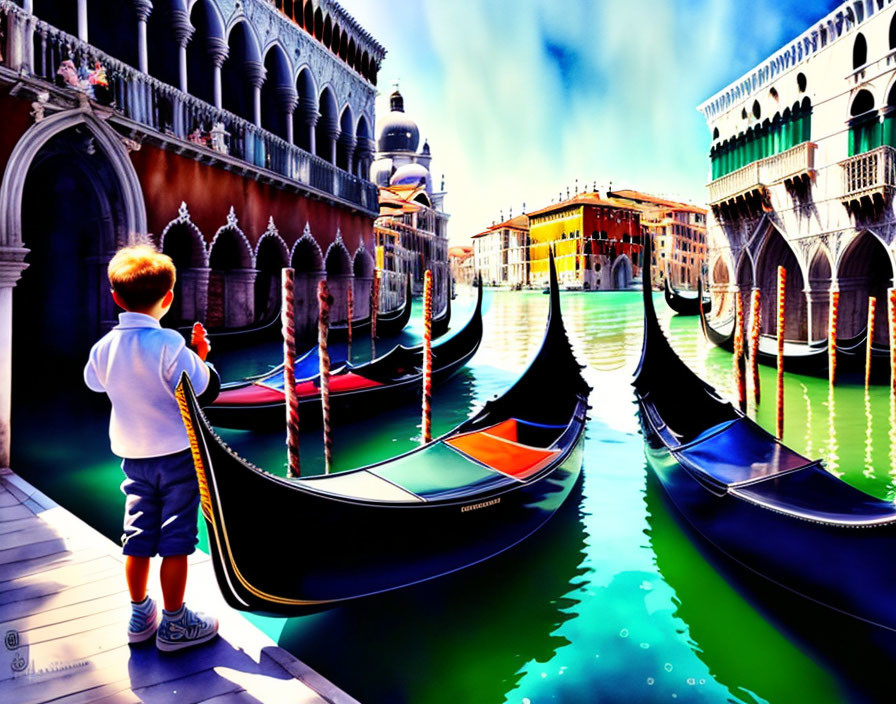 Child admires vibrant Venice canal scene