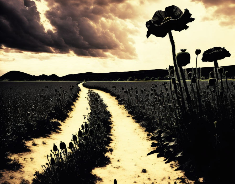 Winding dirt path in poppy field under dramatic dusk sky