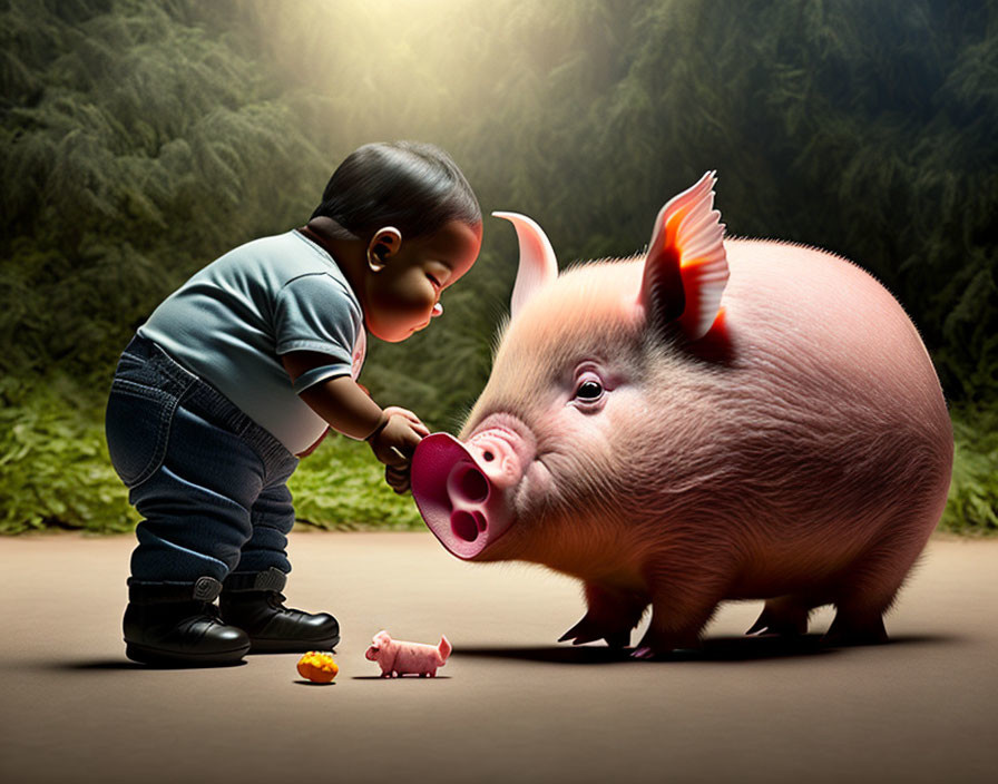 Toddler facing pig with piggy bank plug in forest scene