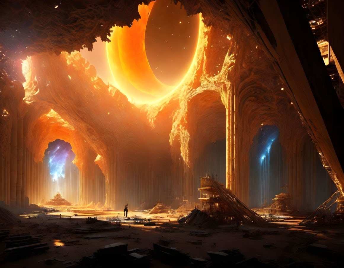 Majestic ruins with colossal pillars and arches under a sky with a large planet