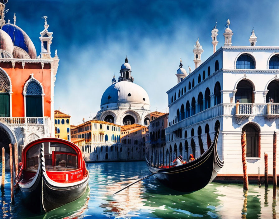 Venetian canal with gondolas and ornate buildings under blue sky