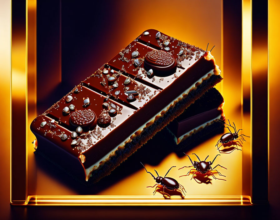 Decadent chocolate bar with cookies and decorative toppings on golden background.