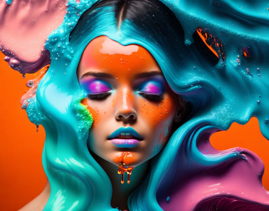 Vibrant blue-haired woman with colorful makeup in swirling liquid shades.