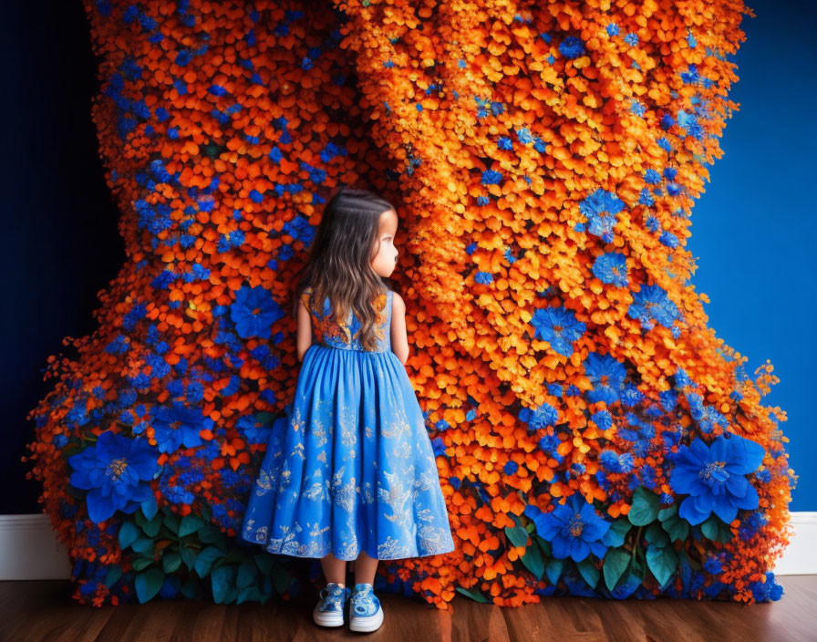 Young girl in blue dress admires orange and blue flower wall in deep blue room