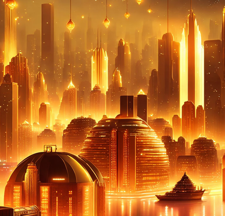 Golden futuristic cityscape with glowing skyscrapers and dome structures at dusk.