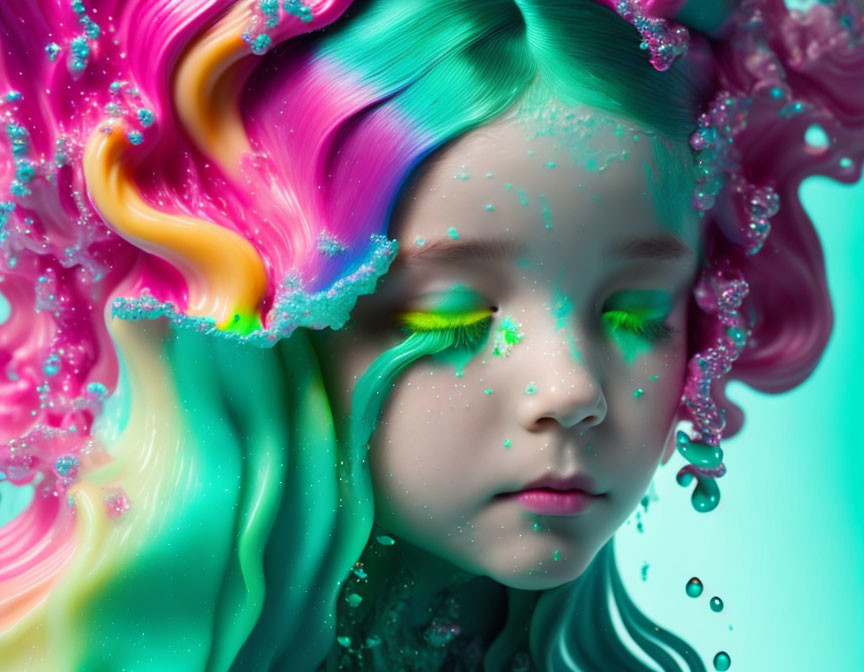 Child with Multicolored Hair and Sparkles in Colorful Dream Setting