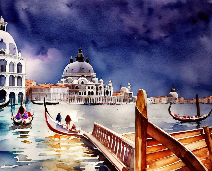 Venice watercolor: gondolas, Santa Maria della Salute, vibrant water.