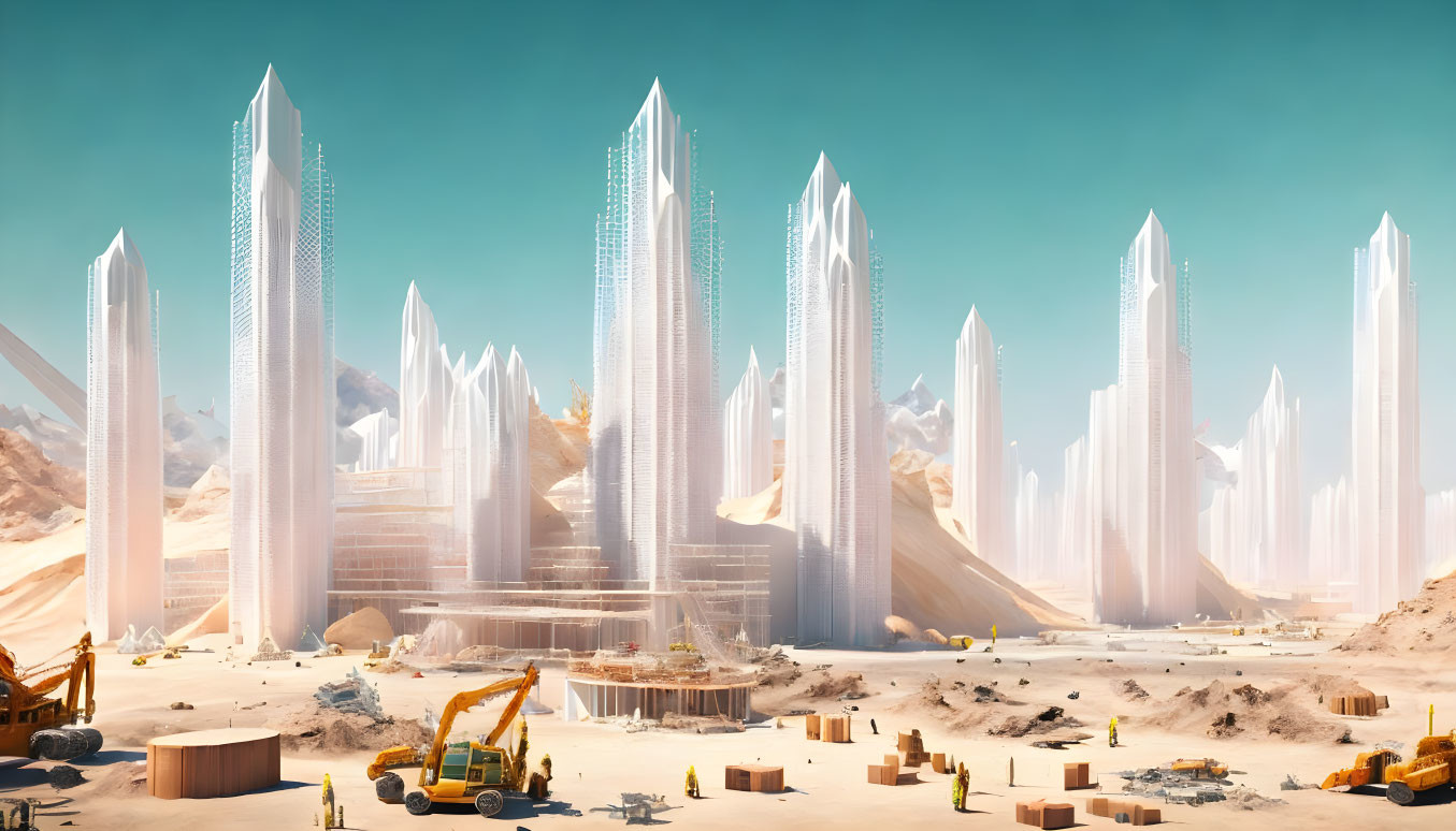 Futuristic desert cityscape with tall skyscrapers and construction equipment