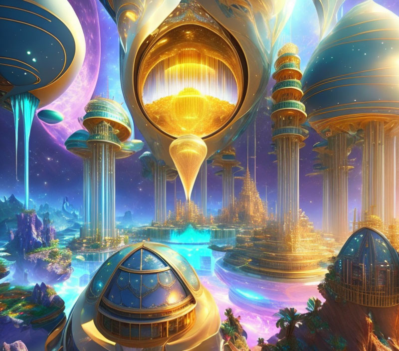 Futuristic cityscape with gold and blue towers in surreal landscape