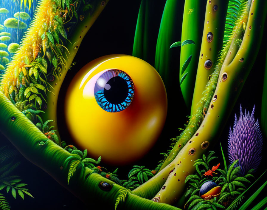 Realistic eye in colorful tropical setting with lush greenery